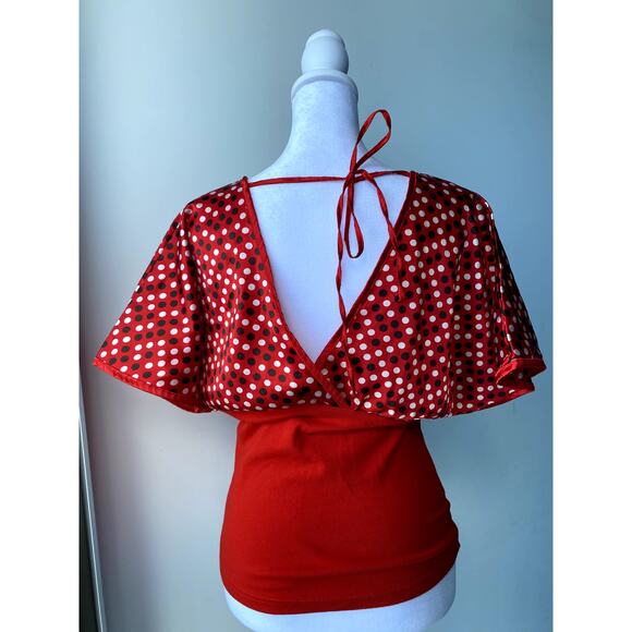 Vintage Red Brown Hollywood Studios Polka Dot Bell Sleeve V Neck Wrap Top - Picture 3 of 7